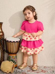 SHEIN Baby Girl Printed Short Sleeve Patchwork Cake Dress, Fashionable Princess Style For Summer
