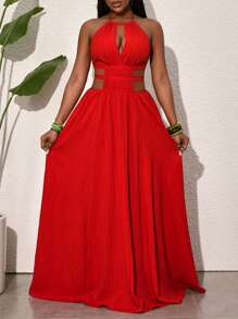 Slaydiva 夏季扎染印花锁眼露背连衣裙 - 紅色 - 查看 6