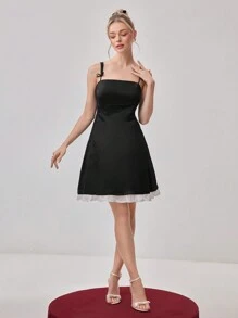 SHEIN Belle Women's Color Block Bow Decor Spaghetti Strap Cocktail Party Dress, Prom Semi Formal Dress, For Birthday, Wedding Guest, Graduation, Dinner, Homecoming - Black - View 6