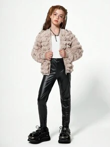 1set Tween Girls Fluffy Zipper Front Baseball Jacket And Pants Set, Autumn/Winter - Khaki - View 3