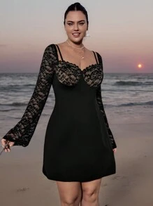 SHEIN VCAY Plus Size Elegant Romantic Lace Patchwork Party Dress, Black Holiday Mini Dress, Versatile Cocktail Dress Valentine's Day Summer Spring Black Dress
