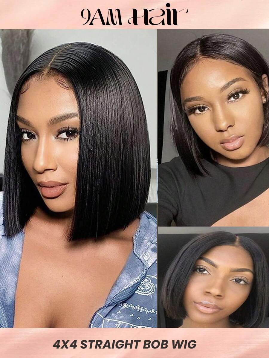 4x4 Short Bob Lace Front Glueless Human Hair Wigs, Transparent Lace Closure Pre Plucked Wig For Women - Natural Black - View 1