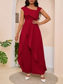 SHEIN Lady 女士纯色不对称领口简约休闲连体裤