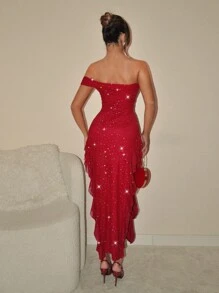 SHEIN ICON Valentine's Day Form-Fitting Asymmetric Shoulder Ruffled High Slit Detail Women Formal Red Dress For Birthday Party, For Graduation