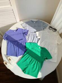 SHEIN Leap Crew 8pcs Baby Boy Or Girl Letter Print Soft Knit Crew Neck Short Sleeve Raglan Tee And Elastic Waist Shorts Set - Multicolor - View 5