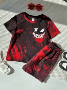 Young Boys Summer Casual Loose Smiling Face Tie Dye Print Short Sleeve Top And Elastic Waist Shorts Set,Suitable For Outdoor Play,School,Street,Party - Black - View 5