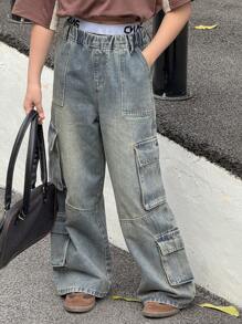 DAZY Girls' Large Pocket Decorated Denim Long Pants, Spring/Summer, Tween Girl,Back To School Clothes