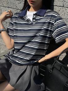 DAZY Women's Polo Collar Short Sleeve Casual Striped T-Shirt - Multicolor - View 4