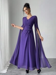 Modelyn Váy lưới dài tay thanh lịch cho nữ có họa tiết hoa 3D - Màu tím - Xem 1