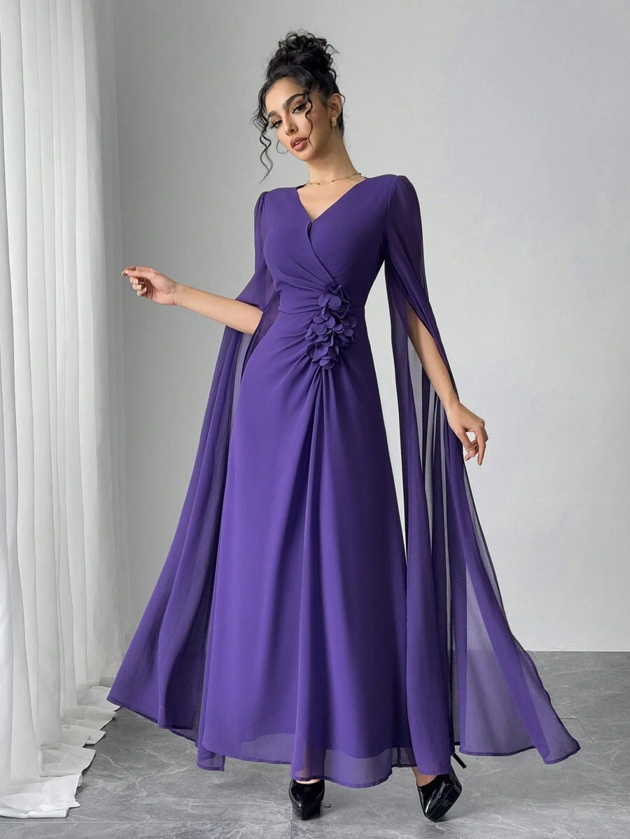 Modelyn Váy lưới dài tay thanh lịch cho nữ có họa tiết hoa 3D - Màu tím - Xem 1