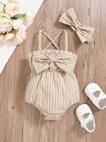 SHEIN Vintaside Kids 2pcs/Set Infant & Baby Girl Fashionable Cute Striped Off-Shoulder Romper & Headband Set, Summer Party