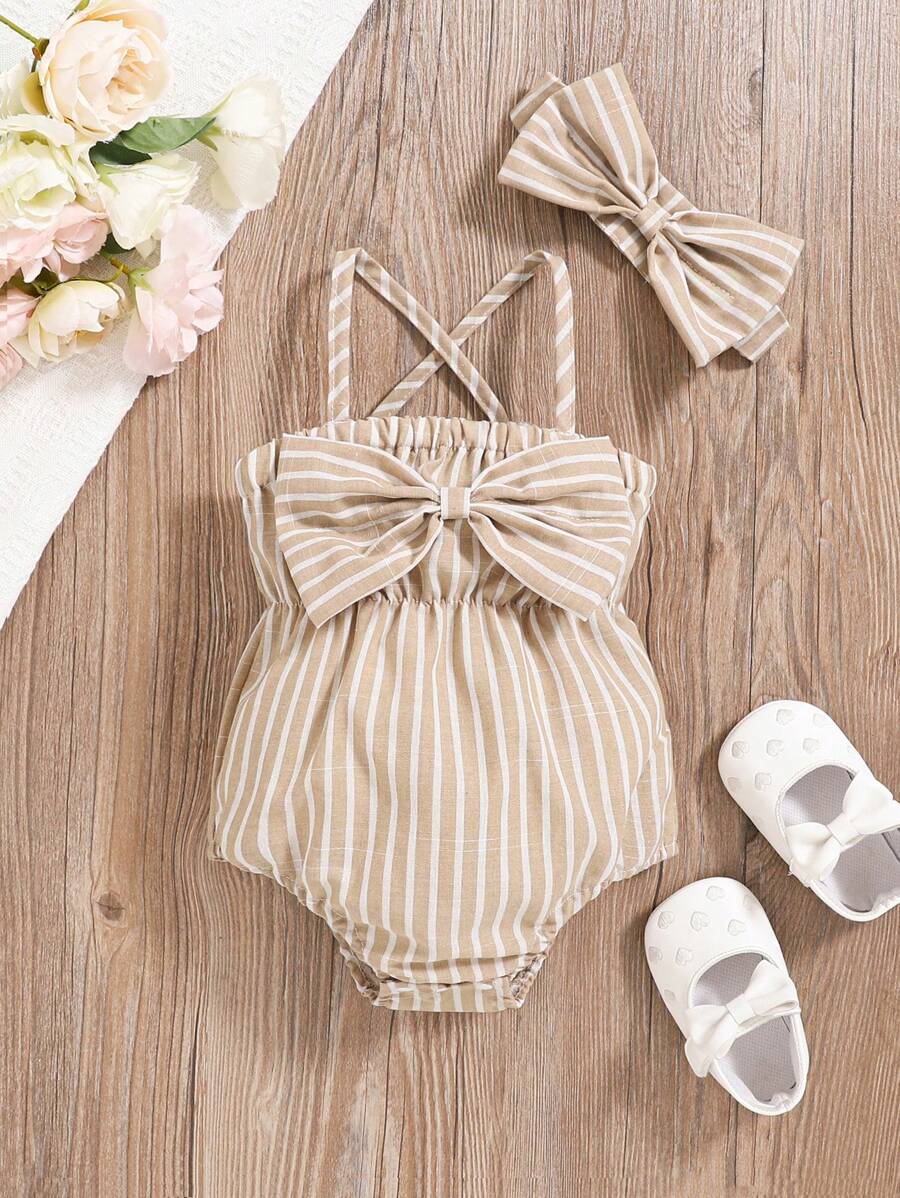 SHEIN Vintaside Kids 2pcs/Set Infant & Baby Girl Fashionable Cute Striped Off-Shoulder Romper & Headband Set, Summer Party