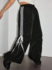 SHEIN ICON Pantalones informales de talle alto con cintura elástica, rayas laterales y cordón para mujer de tallas grandes