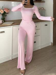 SHEIN 两件套女士方领蝴蝶结INS风睡衣套装，舒适优雅细节，秋冬服装 - 藕粉色 - 查看 2