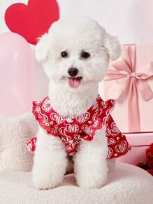 PETSIN 1pc Pet Valentine's Day Red Heart & Love Pattern Print With Ruffle Trim Button Front Dress, For Gifts - Multicolor - View 2