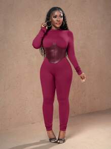 Slaydiva Neue Lässig Street Jumpsuit für Herbst und Winter mit Stehkragen, Langarm, PU Fake Gürteldesign, braun melierter Strickstoff mit PU Hose, enge Passform für Damen