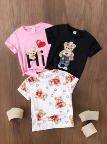 SHEIN Set de 3 camisetas de manga corta, cuello redondo, con estampado de ositos de dibujos animados y gafas de sol, cómodas para niñas en verano - Multicolor - Ver 1