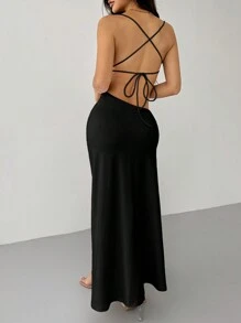 SHEIN PETITE White Ball Gown Spaghetti Strap Backless Tight Draped Neck Long Women's Dress - Black - View 4