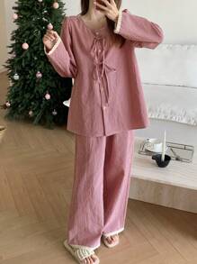 DAZY Rüschen-Saum karierter Schleifenpyjama-Set, Herbstkleidung