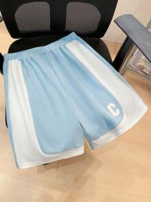 SHEIN 2pcs/Set Teen Boys Casual Short Sleeve Shorts Set, Streetwear Punk Rock School Style Outfit For Daily, Party, Music Festival, Suitable For Spring/Summer, Color Block In Light Blue & White - Blue - View 3