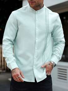 Manfinity Homme Men's Casual Business Commute Solid Color Long Sleeve Button-Up Shirt,Men's Solid Color Texture Casual Wrinkle Double Patch Bag Commuting Light Mature Long Sleeved Button Up Shirt - Green - View 3