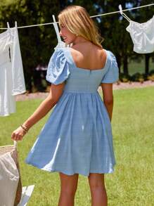 KARISMINA Women's Elegant  Solid Color Short Sleeve Square Neck Puff Dress For Summer,Pastel Dresses For Women