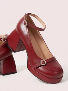 CUCCOO DOLLMOD Burgundy Round Toe Mary Jane Flats With Rhinestone Buckles, French Style, Waterproof Platform Thick High Heel Slip-On Women Shoes Spring Shoes Spring Break Easter - Burgundy - View 2