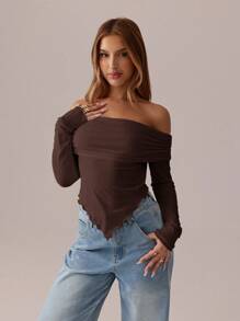 SHEIN SXY 棕色上衣；不对称褶皱纯白长袖T恤，秋季/春季；女式针织露肩修身T恤；适合约会；日常旅行 - 巧克力棕 - 查看 7