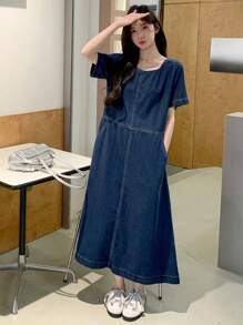 DAZY 女士休闲洗水牛仔短袖连衣裙夏季 - 藍色 - 查看 3