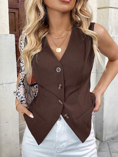 Breezaya French Elegant Design V-Neck Sleeveless Faux Pocket Women Suit Jacket
