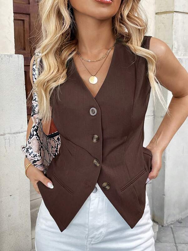 Calvaya French Elegant Design V-Neck Sleeveless Faux Pocket Women Suit Jacket