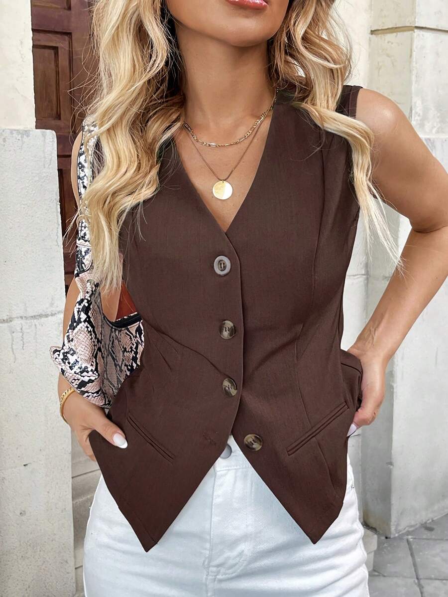 Breezaya French Elegant Design V-Neck Sleeveless Faux Pocket Women Suit Jacket - Coffee Brown - View 1