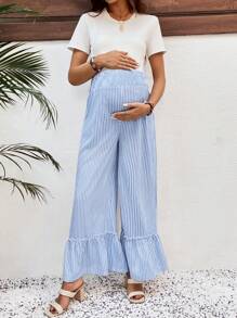 SHEIN Maternity Ruffle Hem Pleated Striped Casual Pants, Everyday Wear - Baby Blue - View 3