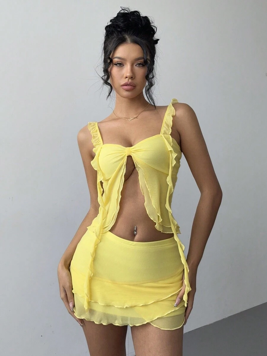 Aloruh Set de 2 piezas con top tipo camiseta y falda en unicolor para mujer