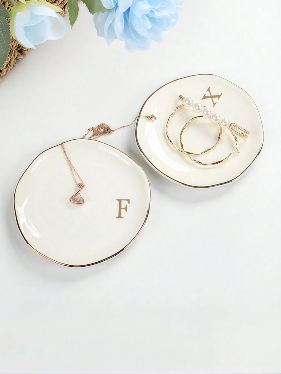Nitials Ring Dish Jewelry Tray With Personalized A-Z Monogrammed Gifts Wedding Engagement For Women Friends Sister,Ceramic White