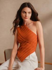 Anewsta 时尚优雅不对称单肩罗纹镂空腰部修身女式针织上衣，春夏