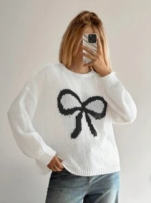 Forever 21 Autumn/Winter New Round Neck Big Bow Color Block Loose Casual Sweater For Girls