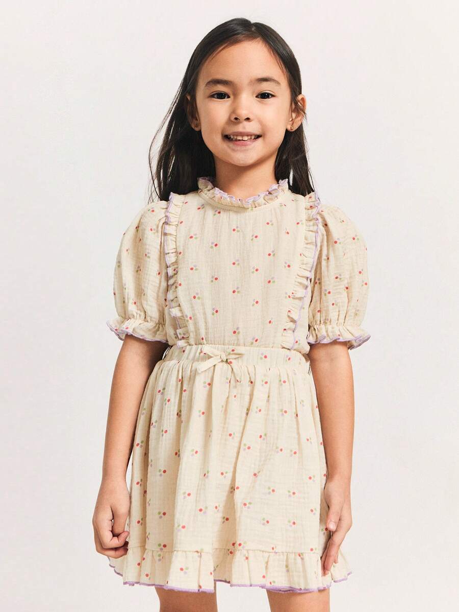 SHEIN Young Girls' Ruffled Collar Puff Sleeve Loose Polka Dot Printed Beige Blouse, Nature Inspired, Spring - Beige - View 1