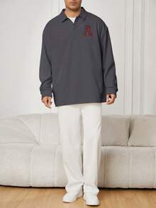 Claim Dot Oversized Men's Long Sleeve Polo Shirt With Letter Print, For Fall