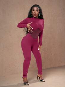 Slaydiva Neue Lässig Street Jumpsuit für Herbst und Winter mit Stehkragen, Langarm, PU Fake Gürteldesign, braun melierter Strickstoff mit PU Hose, enge Passform für Damen