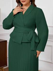 SHEIN Privé 加大码杏色褶皱不对称系腰正式西装，包括长衬衫和中长褶皱裙 - 墨綠色 - 查看 7
