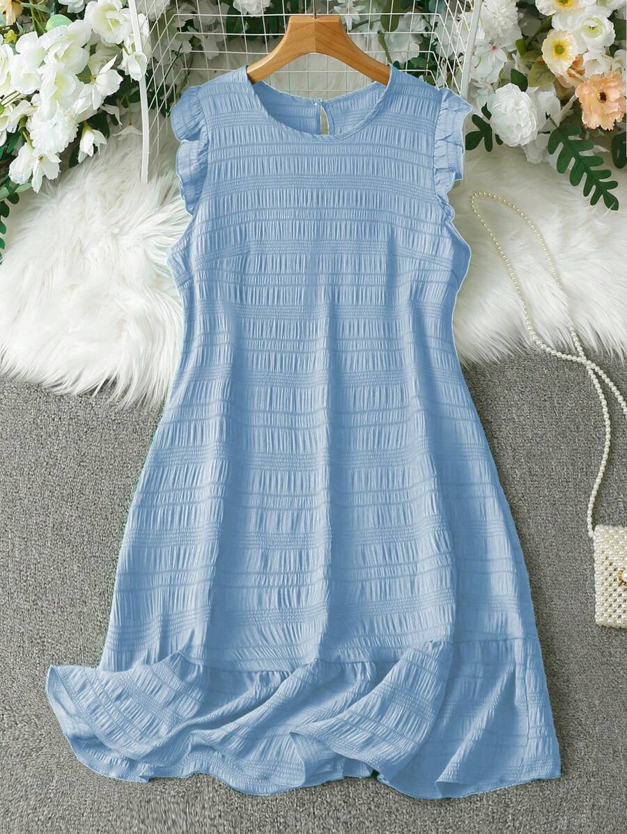 Franclia Women Solid Color Round Neck Elegant Cap Sleeve Dress - Blue - View 1