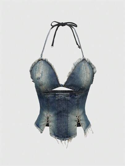 Hippie Sexy Y2K Street Style Cowgirl Wash Denim Spaghetti Strap Crop Top For Women