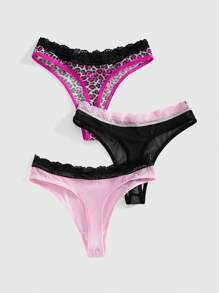 ROMWE J-Fashion 3pcs/Pack Y2K Goth Girl Leopard Mesh & Lace Panel Thong Panties For Women