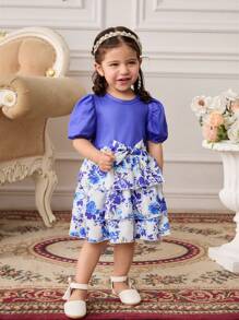SHEIN 0-3 岁女婴幼儿优雅节日和日常穿着蓝白复古花卉泡泡袖蛋糕裙及膝连衣裙，适合户外 - 藍色 - 查看 3