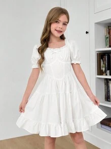 SHEIN Leap Crew Vestido de línea A con volantes en el bajo, manga corta con volantes y lazo delantero, color blanco sólido, elegante, para niña preadolescente, atuendo de princesa, para uso diario, para vacaciones - Blanco - Ver 6