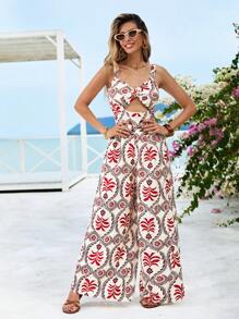 SHEIN VCAY Women's Loose Printed Camisole One-Piece Jumpsuit With Cross Back Design,Summer Clothing,Vacation Style,For Beach Vacation - Multicolor - View 5