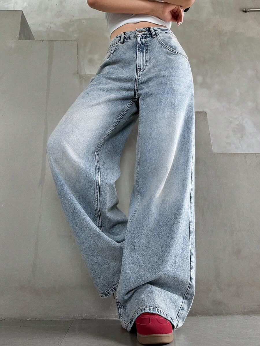 RueChic HIGH RISE WIDELEG Y2K Street Casual STREETWEAR JEAN Everyday Going Out Blue And White Stripe Summer - Medium Wash - View 1