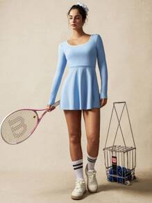 VARSITIE Square Neck, Long Sleeves, Large Open Back, Cross Cutout, Contrasting Binding Mini Women Active Athletic Dresses - Blue - View 7