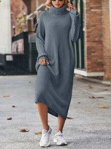 EURMUSE Turtleneck Raglan Sleeve Sweater Dress - Dark Grey - View 6